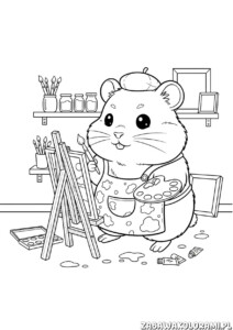 Chomik malarz kolorowanka - chomik w kapeluszu artysty z pędzlem i paletą