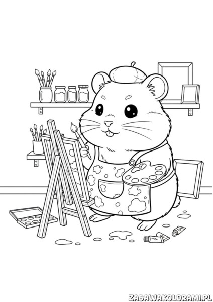 Chomik malarz kolorowanka - chomik w kapeluszu artysty z pędzlem i paletą