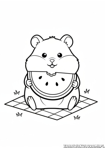 Chomik z melonem kolorowanka dla dzieci - malowanie zabawnych zwierząt