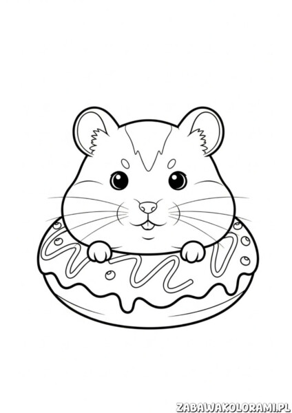 Chomik na pączku - kolorowanka dla dzieci z uśmiechniętym chomikiem na pączku