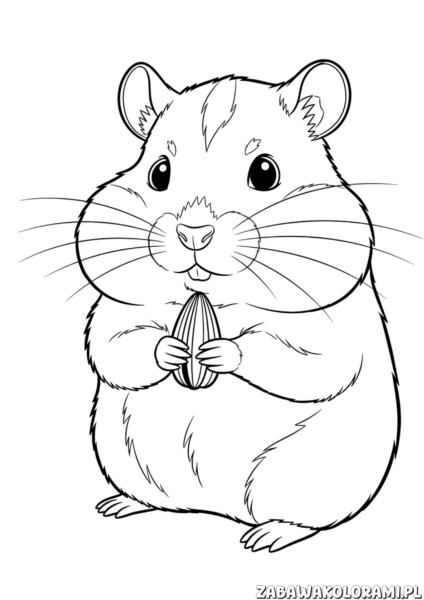 Chomik malowanka do druku - kolorowanka z uśmiechniętym chomikiem trzymającym nasionko