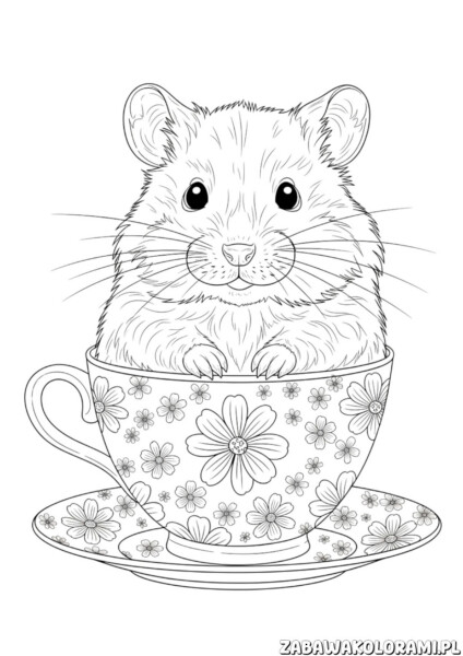 Chomik w szklance kolorowanka - chomik siedzi w szklance z kwiatowym wzorem