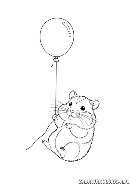Chomik z balonem kolorowanka - pomaluj uśmiechniętego chomika z balonem