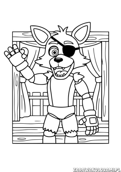 FNAF Kolorowanka: Lis-Pirat w pirackim stroju z okularnikiem i uśmiechem