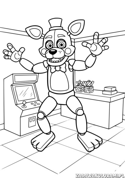 Freddy Fazbear Kolorowanka FNAF – misio z FNAF w kapeluszu i krawacie, z rozłożonymi ramionami
