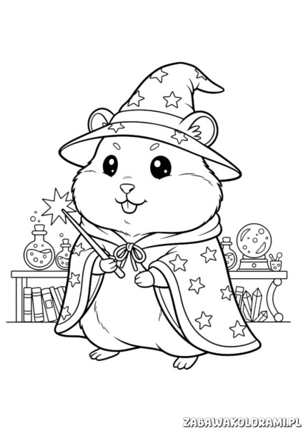 Kolorowanka chomik czarodziej z magiczną różdżką i gwiazdkami