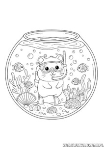 Kolorowanka chomik do druku - chomik w morskim przygodzie z rybkami i koralami
