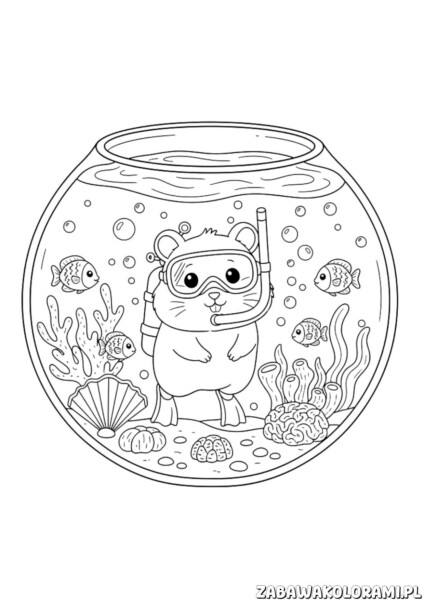 Kolorowanka chomik do druku - chomik w morskim przygodzie z rybkami i koralami