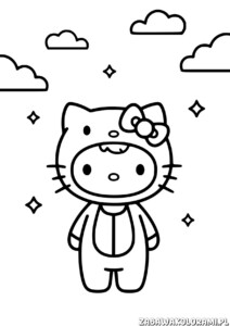 Kolorowanka Labubu w stroju Hello Kitty z chmurkami i błyskotkami