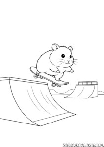 Kolorowanka chomiki do wydrukowania - chomik na deskorolce wykonujący trik na rampie