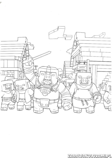 Minecraft kolorowanka do druku - kolorowanka z robotycznymi świnkami w futurystycznym mieście