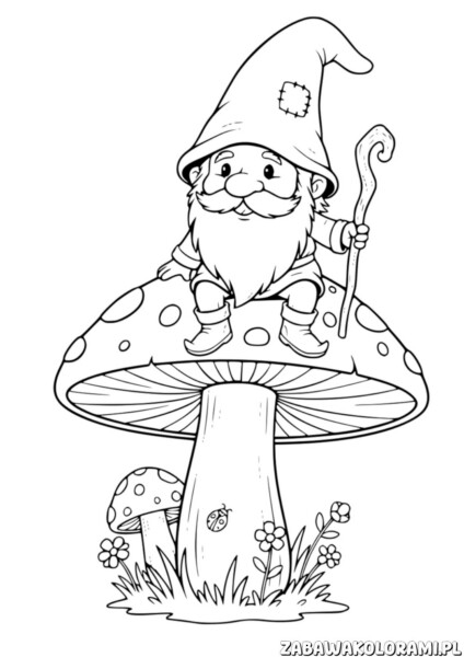 Kolorowanka grzyb z krasnoludkiem - zabawa dla maluchów