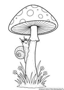Kolorowanka grzyb z ślimakiem - ślimak wspina się na grzyb