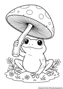 Kolorowanka żaba z grzybem - żaba trzyma grzyb, gotowa do pomalowania