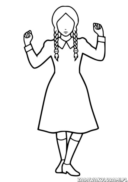 Kolorowanki Wednesday - radosna dziewczynka w stroju, gotowa do zabawy