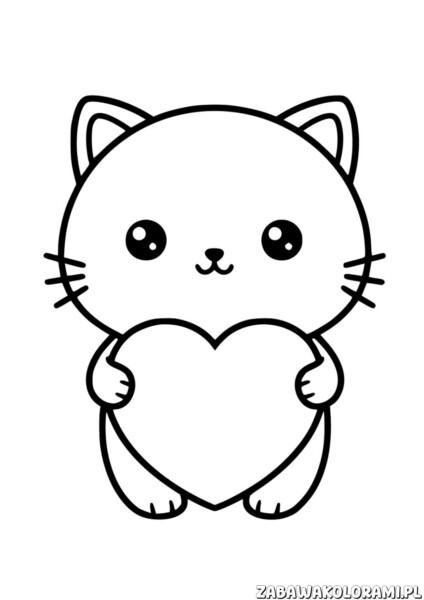 Kot z sercem – kolorowanka walentynkowa z uśmiechniętym kotem trzymającym serce