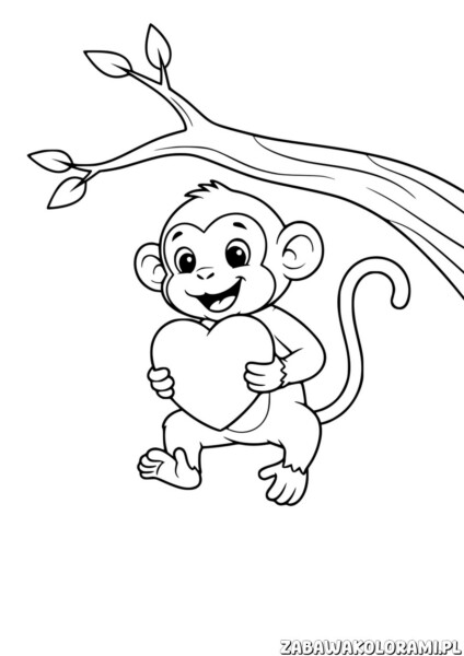 Małpka z sercem – Kolorowanka Walentynki. Uśmiechnięta małpka trzymająca serce.