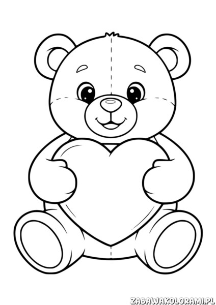 Miś z sercem – Kolorowanka Walentynki: Miś trzyma serce w łapkach.