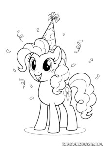 My Little Pony urodzinowa kolorowanka - pony z kapeluszem w otoczeniu konfetti
