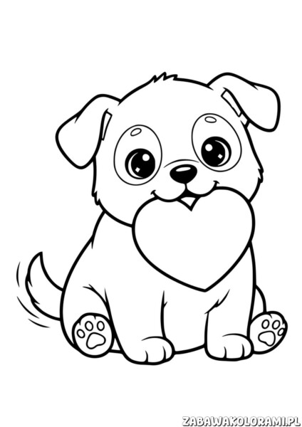 Pies z sercem – Kolorowanka na Walentynki z uśmiechniętym psem trzymającym serce