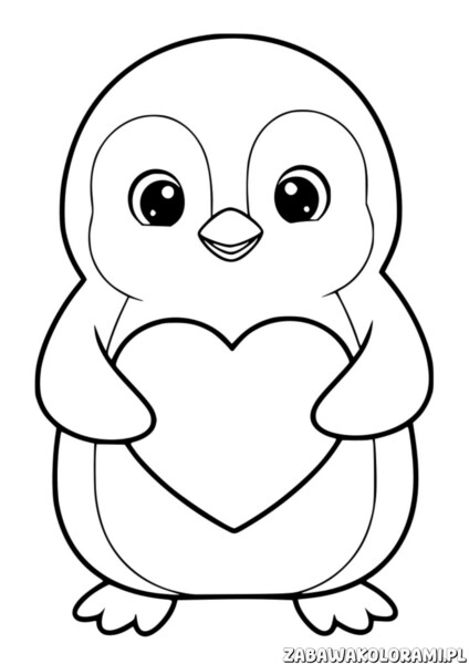 Pingwin z sercem – kolorowanka Walentynki, uroczy pingwin z sercem
