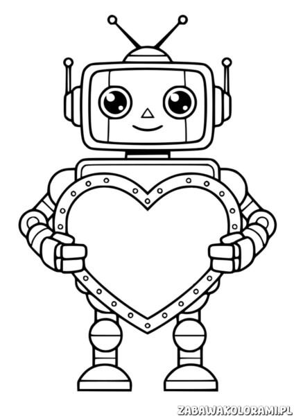 Robot z sercem – kolorowanka. Uśmiechnięty robot trzyma duże serce.