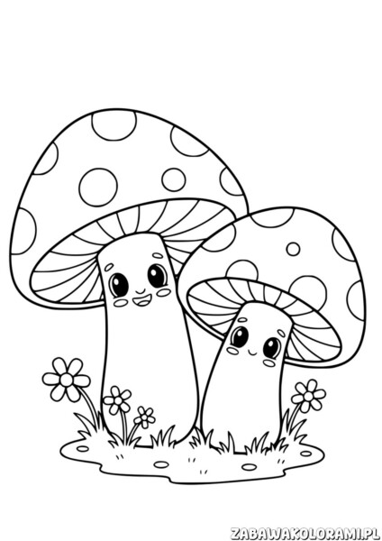 Rysunki grzybów do druku - kolorowanka z uśmiechniętymi grzybkami w zielonej trawie