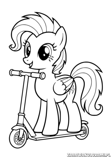 Scootaloo Kolorowanka - konik na hulajnodze z uśmiechem i w ruchu.