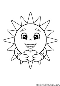 Słońce z sercem – Kolorowanka Walentynki. Słoneczko trzyma w rękach duże serce.