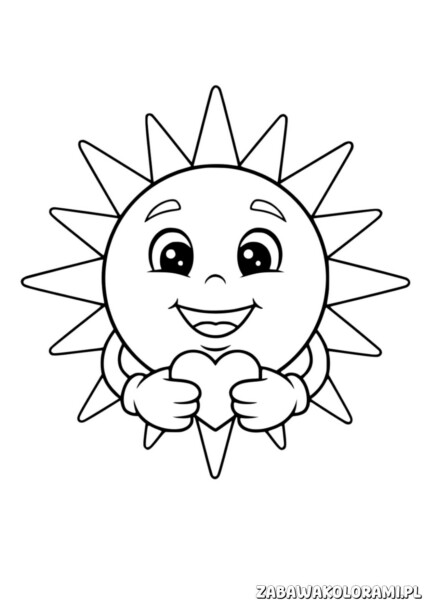 Słońce z sercem – Kolorowanka Walentynki. Słoneczko trzyma w rękach duże serce.