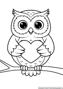 Sowa z sercem – kolorowanka Walentynki. Urocza sowa trzymająca serce.