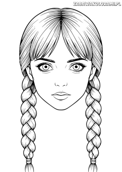 Twarz Wednesday Kolorowanka - Kolorowanka przedstawiająca twarz dziewczynki z warkoczykami.