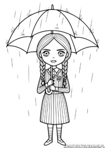 Wednesday z parasolem - kolorowanka dla dzieci. Dziecko z parasolem w deszczu