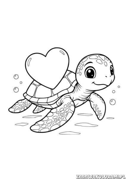 Żółw z sercem – Kolorowanka Walentynki, żółw trzymający serce