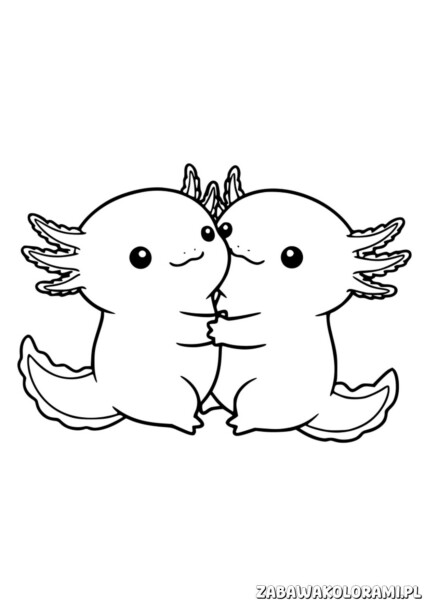 Aksolotl Meksykański Kolorowanka - dwa uśmiechnięte stworzenia w zabawnej pozie