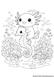 Aksolotl z konikiem morskim kolorowanka - morski świat pełen przygód