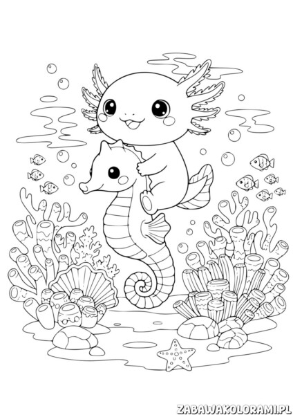 Aksolotl z konikiem morskim kolorowanka - morski świat pełen przygód