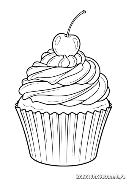 Babeczka cupcake z wiśnięką prosta kolorowanka dla dzieci - kolorowanka z babeczką i wiśnią