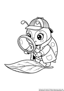 Biedronka na liściu kolorowanka - biedronka detektyw z lupą bada liść