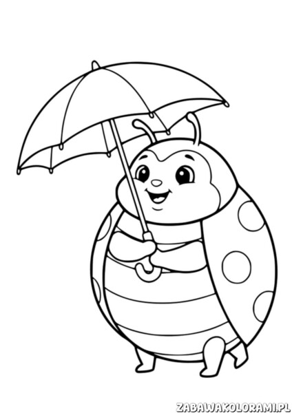 Biedronka z parasolem - kolorowanka dla dzieci. Biedronka trzyma parasol, gotowa na deszcz.