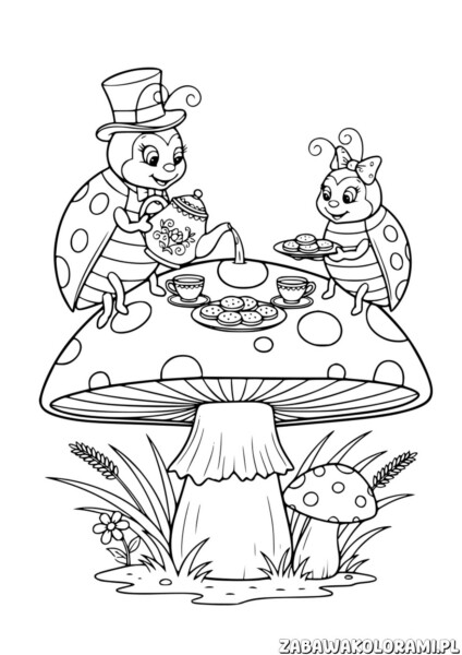 Biedronki kolorowanka: biedronki piją herbatkę na grzybie