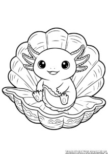 Darmowa kolorowanka aksolotl w muszli - uśmiechnięty aksolotl w muszli