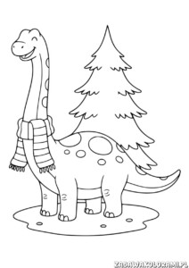 Duży dinozaur kolorowanka - dinozaur w szalik i drzewa