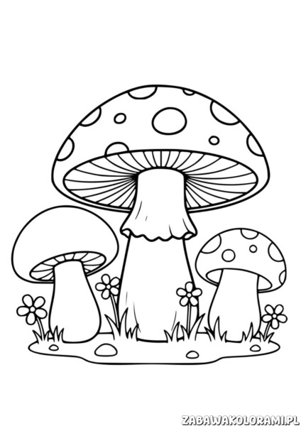 Grzyby Kolorowanka: Trzy grzyby z wzorami na kapeluszach otoczone kwiatami i trawą