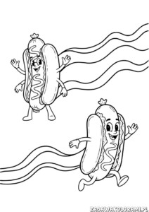 Hotdog kolorowanka - dwa zabawne hotdogi w ruchu