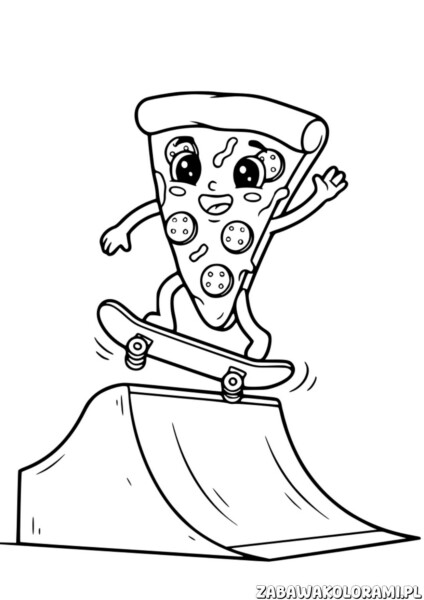 Kawałek Pizzy na Deskorolce - Kolorowanka dla Chłopców. Pizzy na deskorolce wykonuje trik na deskorolce.