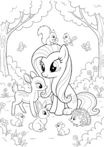 Kolorowanka My Little Pony w lesie z przyjaciółmi z lasu