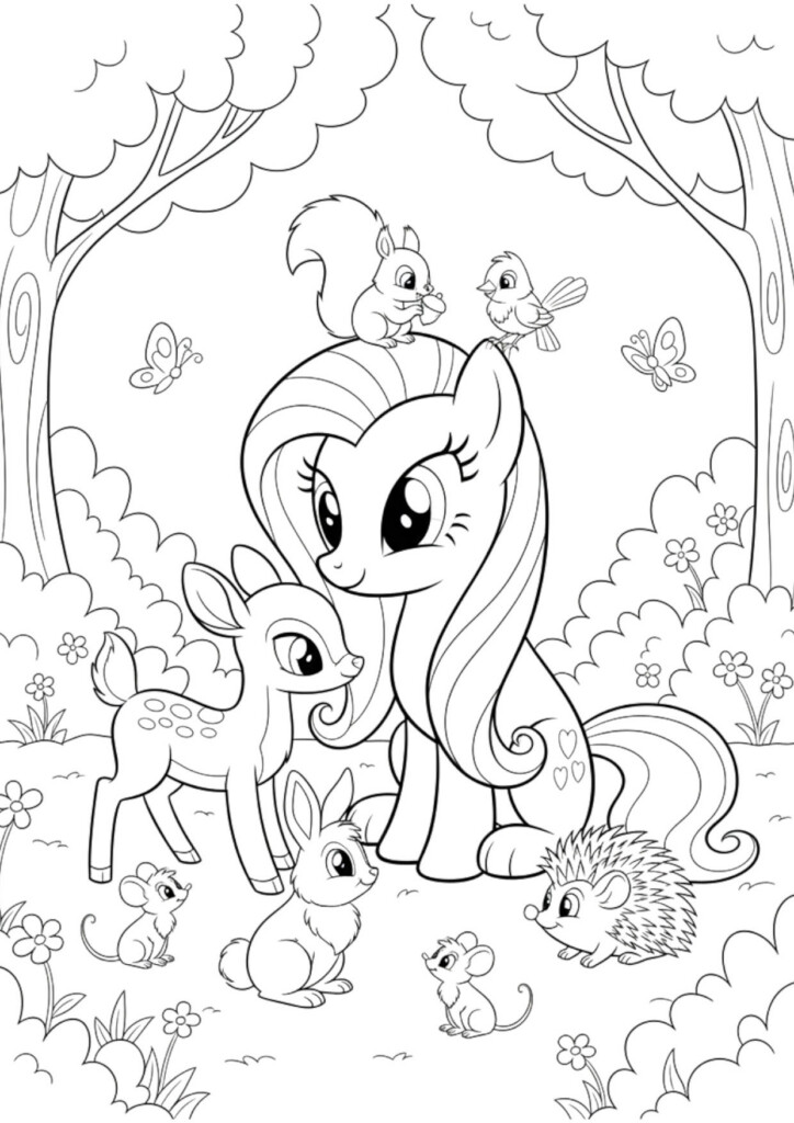 Kolorowanka My Little Pony w lesie z przyjaciółmi z lasu