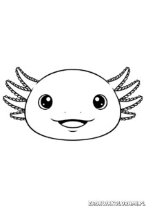 Kolorowanka Aksolotl - kolorowanka przedstawiająca uśmiechniętego aksolotla z dużyma oczyma i gałkami