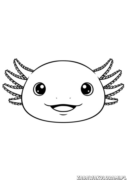 Kolorowanka Aksolotl - kolorowanka przedstawiająca uśmiechniętego aksolotla z dużyma oczyma i gałkami